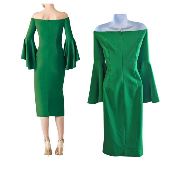 Viral MILLY Selena in Rare Kelly Green Off Shoulder Bell Sleeve Slit Dress - Picture 8 of 10